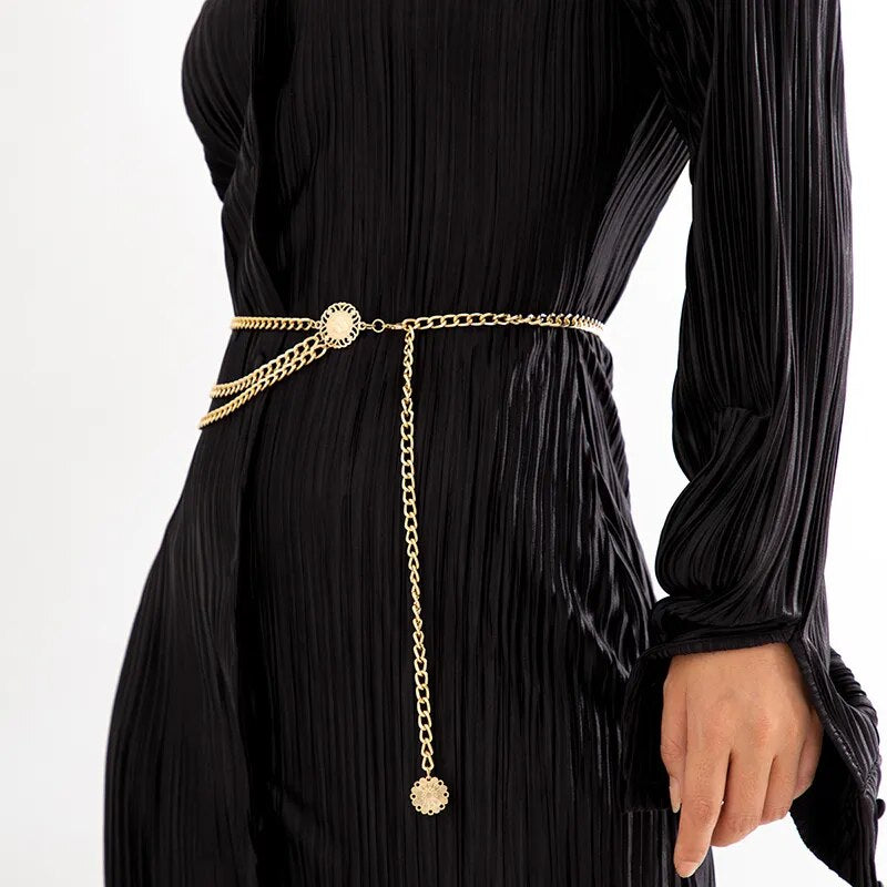 Fashion Round Brand Alloy Multi-Layer Exaggerated Body Chain 2023 New Women Queen Head Retro Street Snap Beam Party Waist Chain