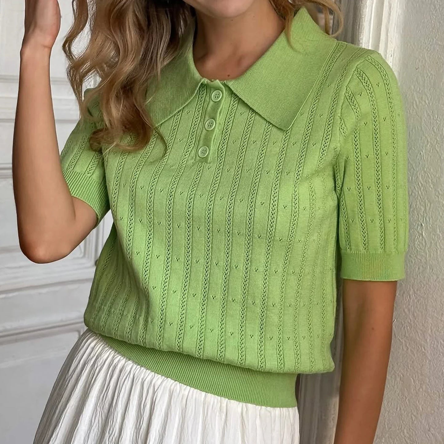 Elegant Women's Summer Hollow Out Knit Tops Short Sleeve Turn Down Collar Solid Color Cutout T-shirt