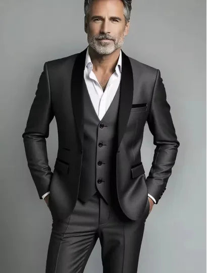 Black White Men Three Pieces Set, Large Size Male Blazer Pants and Vest.