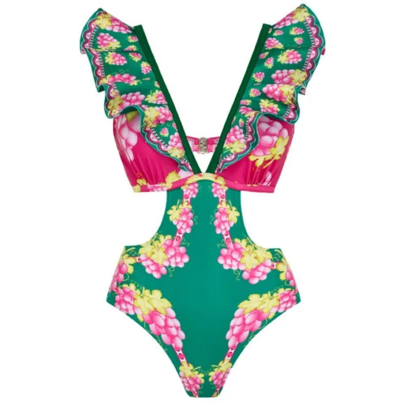 Retro Green Bikini Printed Fashion One Piece Swimsuit And Cover Up With Skirt Tight Women's Bandage Summer Beach Luxury Elegant