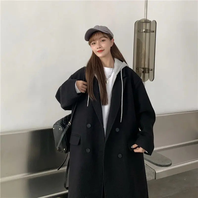 Wool Blends Coats Women Spliced Fake Two Piece Hooded Clothes Design Korean Fashion Preppy College Girlish Elegant Ladies Casual