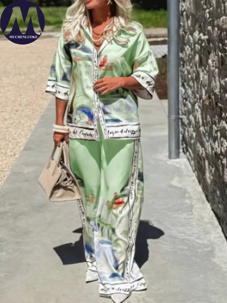 Women's Summer 2-Piece Set Elegant Printed Top & Casual Loose Wide Leg Pants Ensemble with Half Sleeve Fashionable