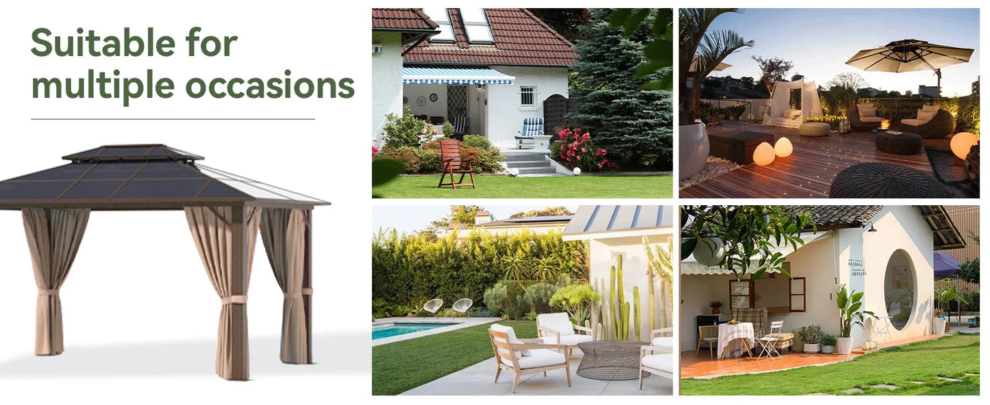 10'x12' Hardtop Gazebo, Aluminum Frame Permanent Pavilion with Curtains, Outdoor Polycarbonate Gazebo, Double Roof Canopy