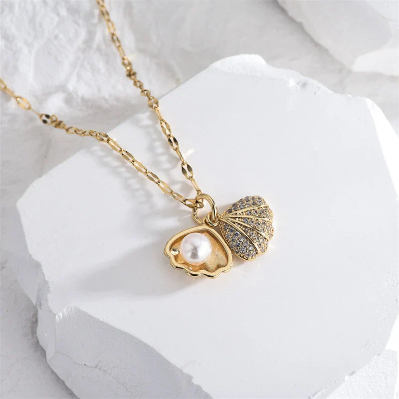 Summer Fashion Crystal Zircon Shell Imitation Pearl Pendant Necklace For Women  Collar Beach Neck Jewelry