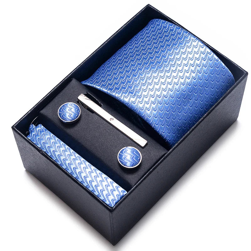 8 cm Wide Tie Sets Blue Solid Men's Neck Tie Handkerchief Cufflinks Clip Gift Silk Handmade