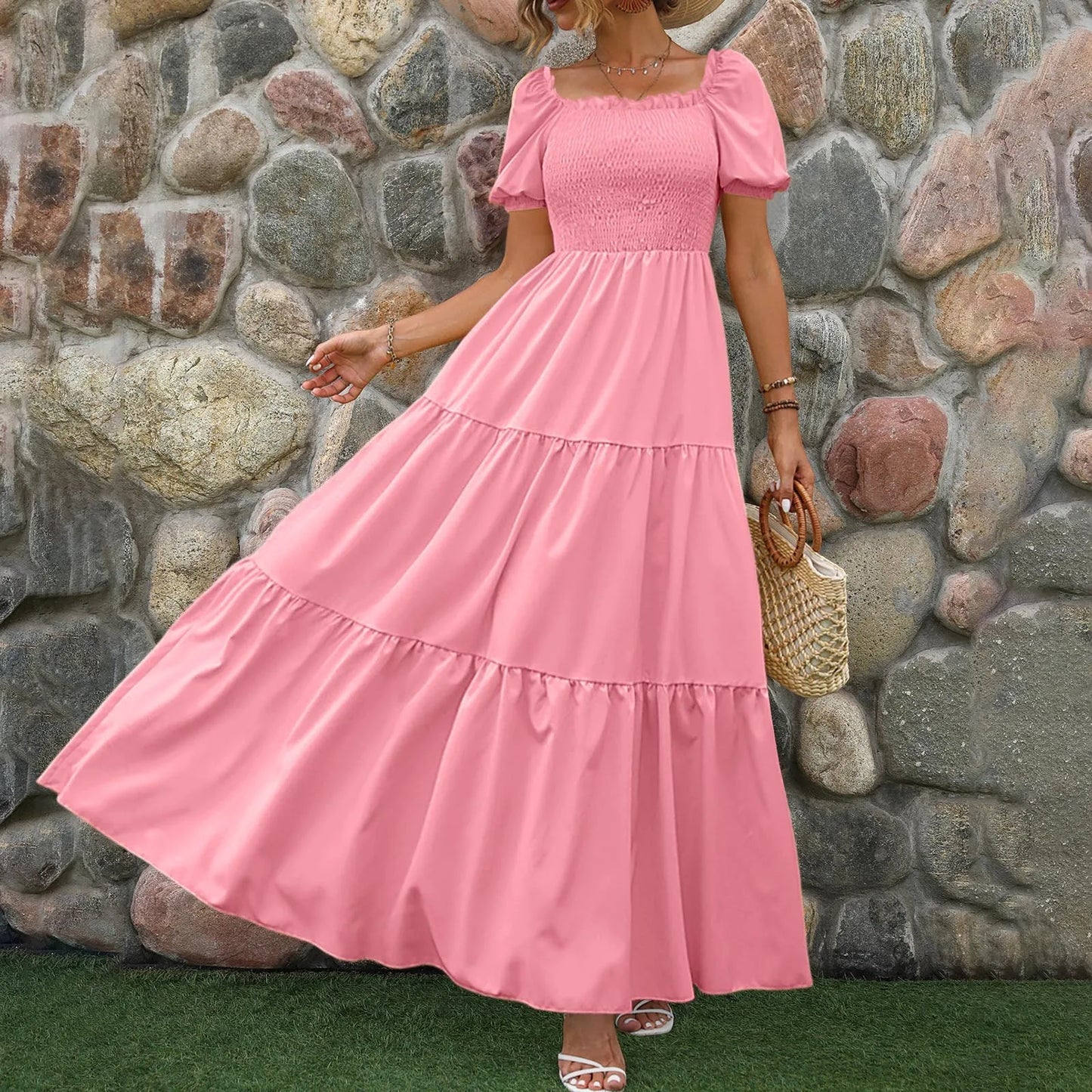 Female Dresses Outfits Women'S 2024 Floral Boho Dress Wrap Crew Neck Short Sleeve Belted Ruffle Hem A Line Flowy Ropa Para Mujer