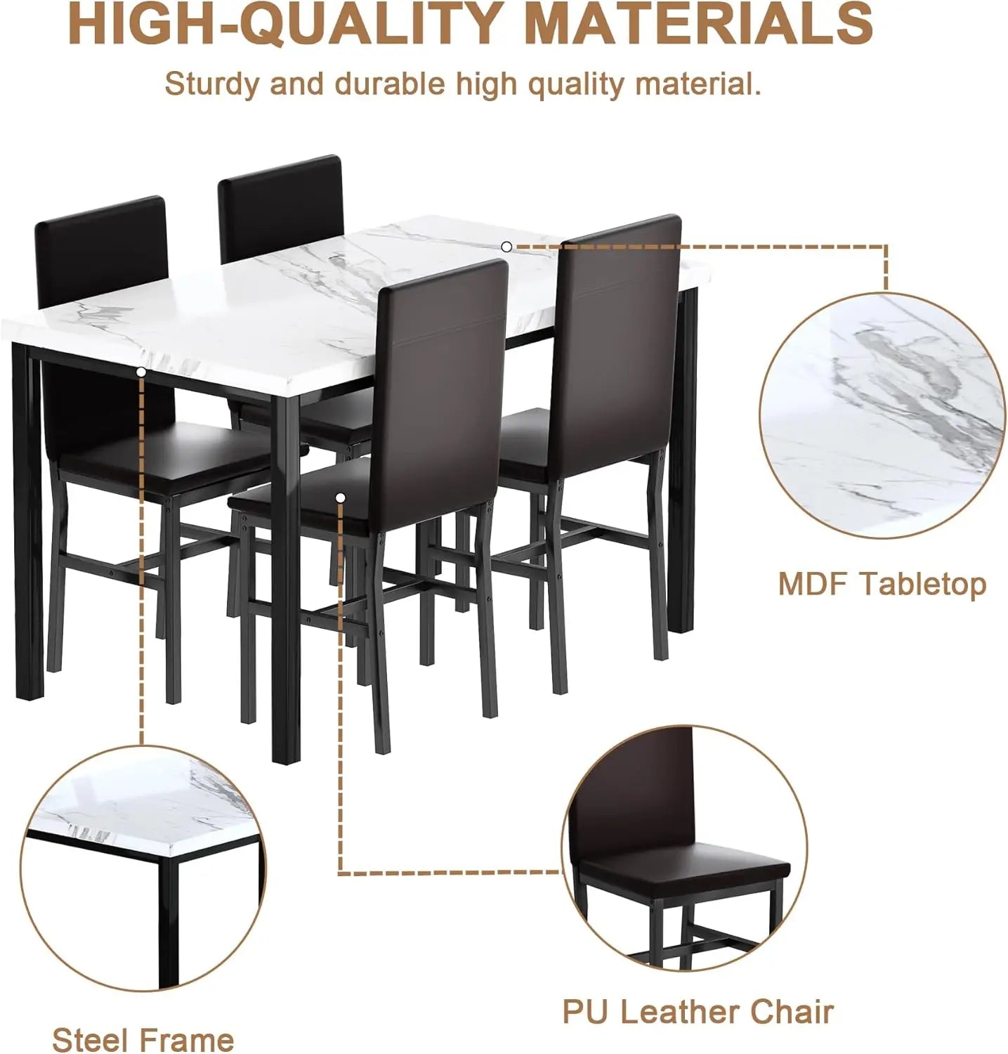 Dining Table Set for 4, Modern Kitchen & Dining Room Sets, Faux Marble Table with 4 Leather Chairs.