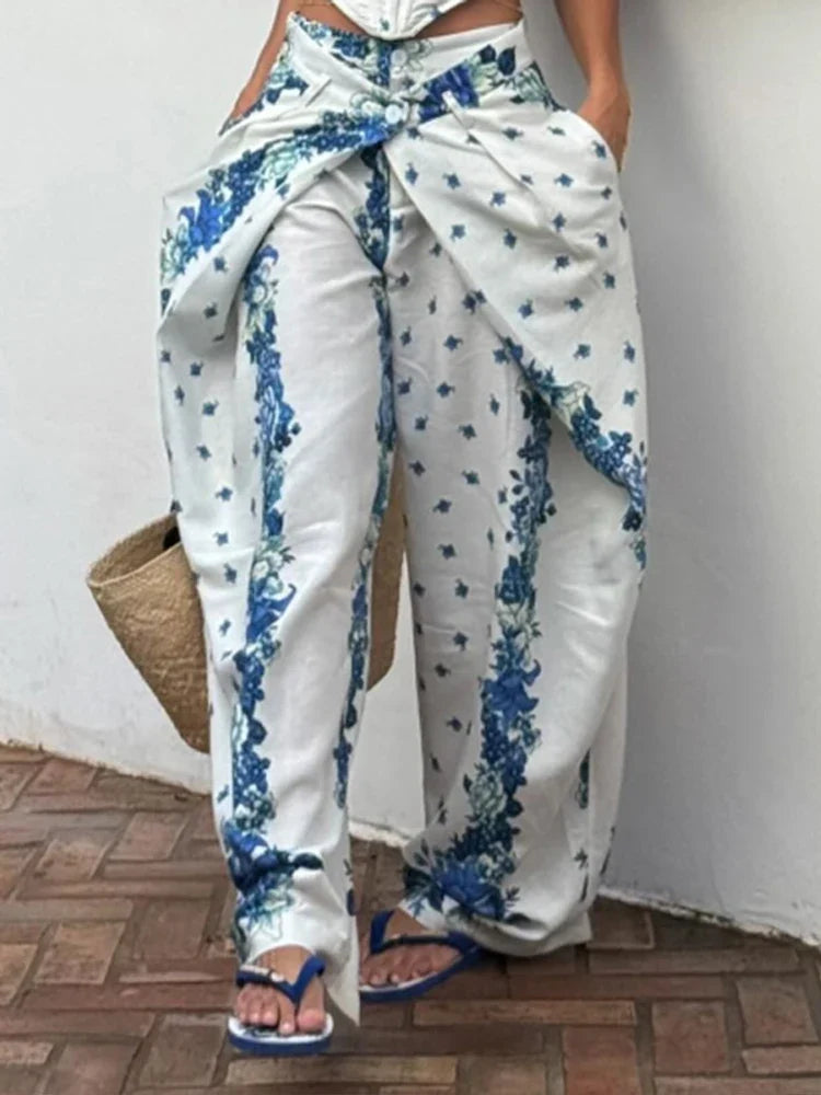 Urban Print Top Pants Women Set Sling Backless Slash Neck Blouse Wide Leg Trousers 2026 Spring Summer Holidays Lady Outfit