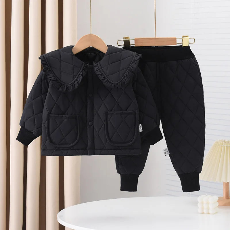 2024 Girls Winter Sets Baby Clip Cotton Warm Two-Piece Autumn New Children Lapel Solid Colour Fashion Casaual Suit 12M-6 Years