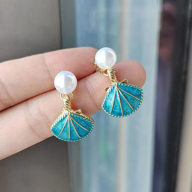 EtherealBe Blue Shell Pearl Dangle Earrings