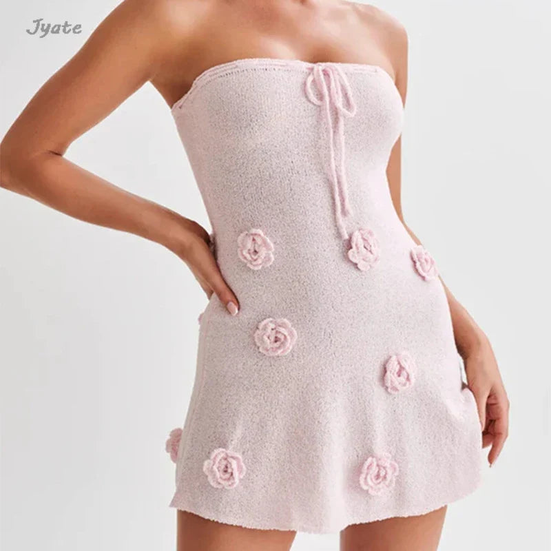 Three-dimensional Flower Knitt Backless Lace Up Vestidos Fashion V-neck Vacation Beach Long Dress Sexy Slim Party Dress 2024 New
