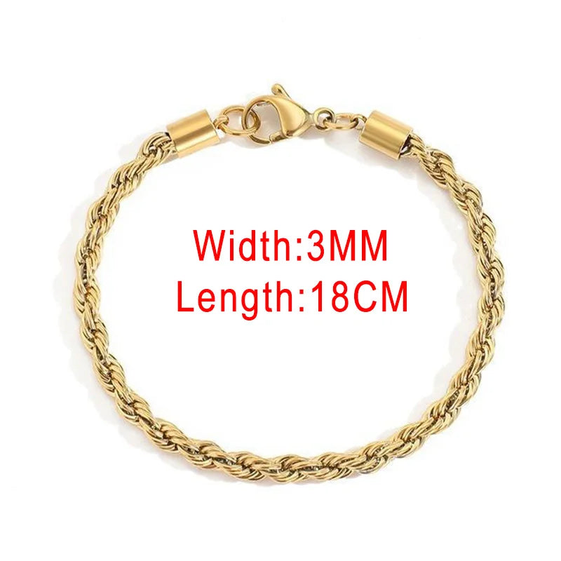 Stainless Steel Rope Chain Bracelets on Hand 3/4MM Gold Color Chic Women's Bracelet Minimalist Fashion Hip Hop Jewelry Gift C048