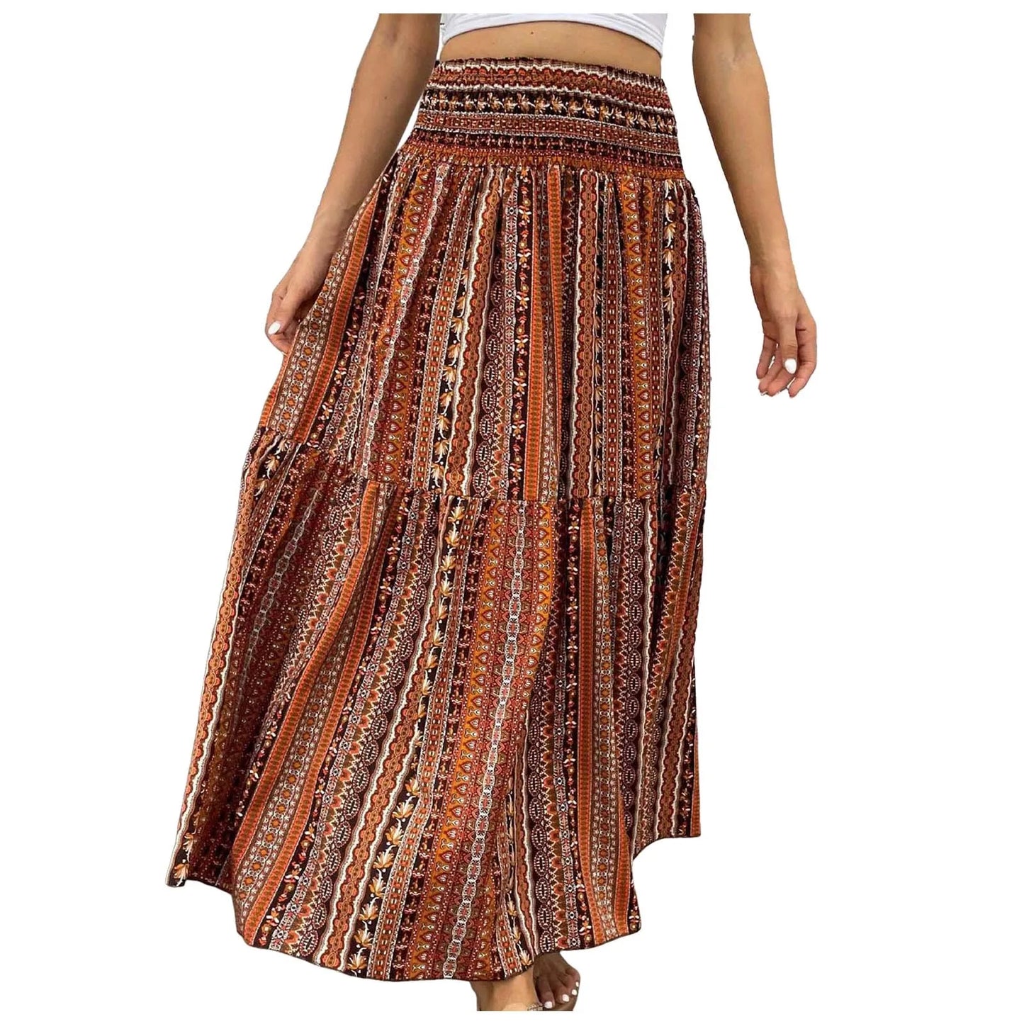 Vintage Boho Skirts For Women Summer Elastic Waist A-Line Faldas Bohemian Printed Flowy Skirt Beachside Swing Maxi Long Skirts