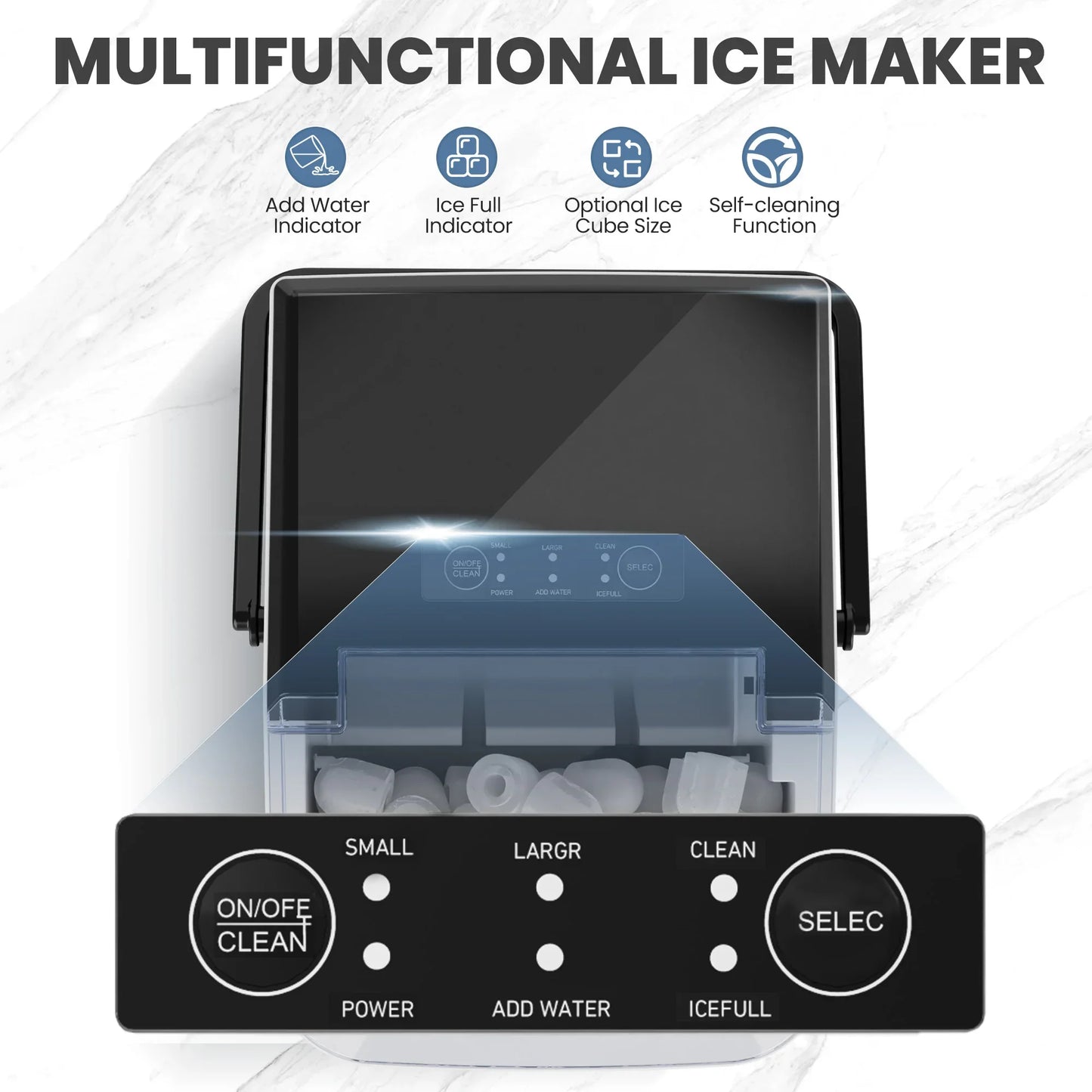 JHK Portable Kitchen Ice Machine Countertop Ice Maker with Handle 9 Bullet Ice Cubes Ready in 6 Mins Self-Cleaning Quiet Compact Ice Maker for Home Camping