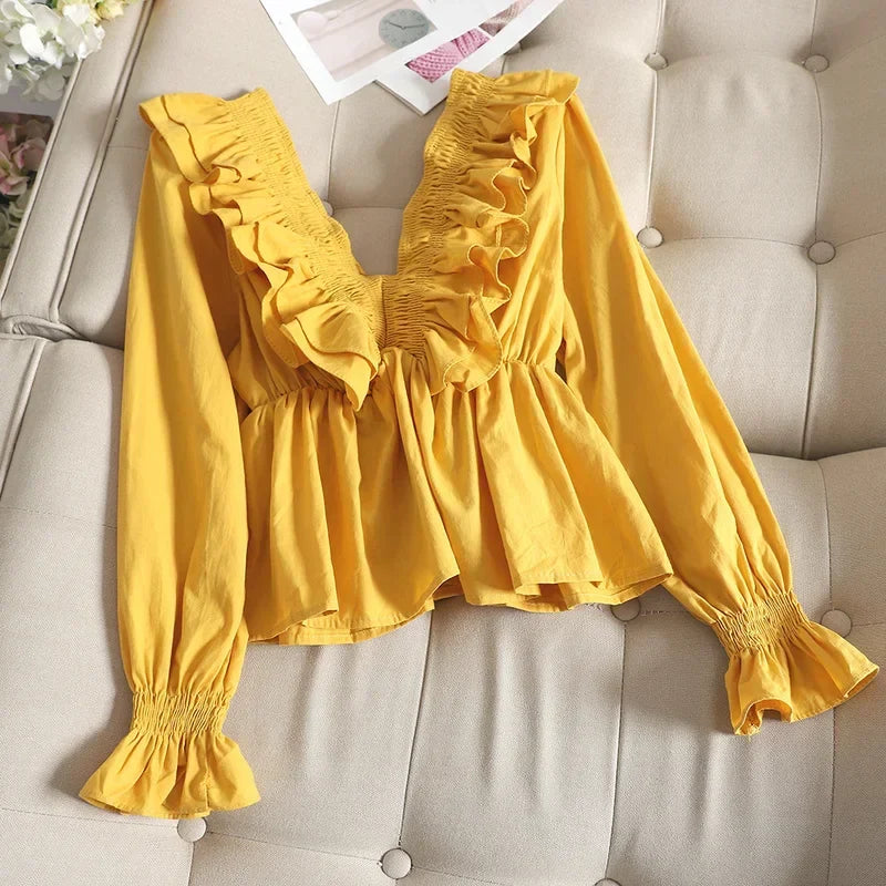Gagaok Women Sweet Short Blouse Spring Autumn New Solid V-Neck Flare Sleeve Ruffles Slim Chic Wild Female Fashion Korean Shirt
