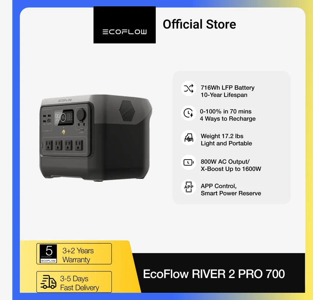 ECOFLOW Solar Generator RIVER 2 Pro 716Wh LiFePO4 Battery, 4x800W AC Outlets (1600W Surge), Solar Generator