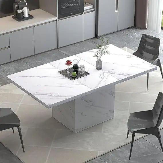 White Marble Dining Table with Heavy-Duty Pedestal, Suitable for Kitchen or Living Room