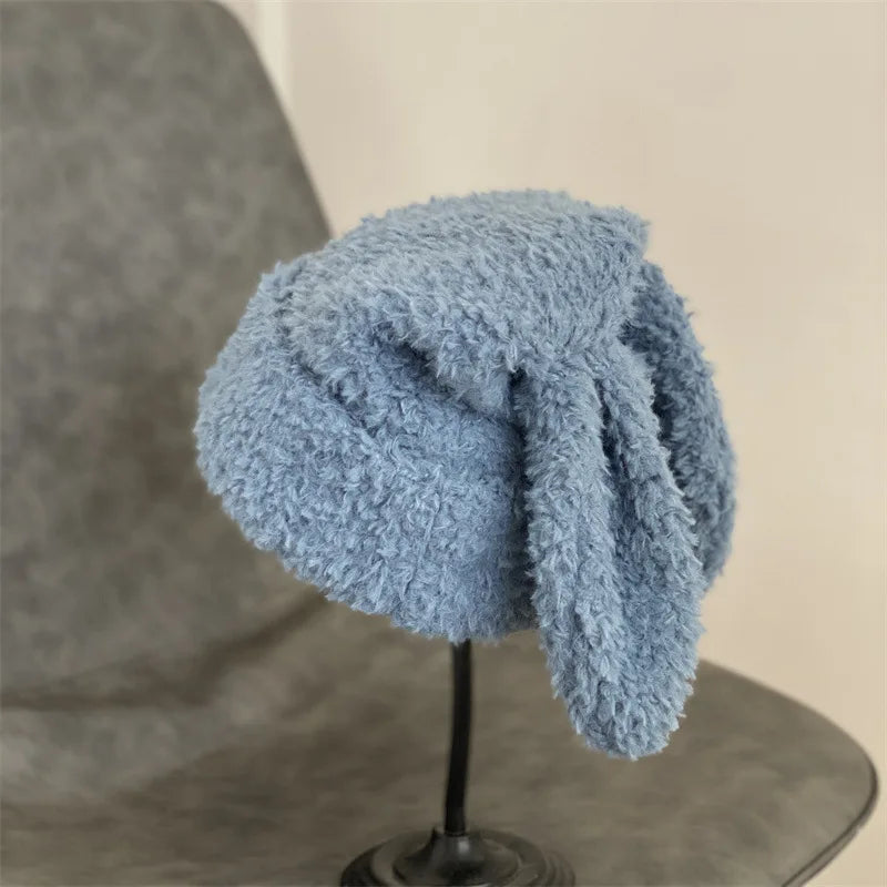 Draping Rabbit Ears Cashmere Hat Women Autumn and Winter Knitted Wool hat Winter Thicken Warm Korean Version of Japanese hat