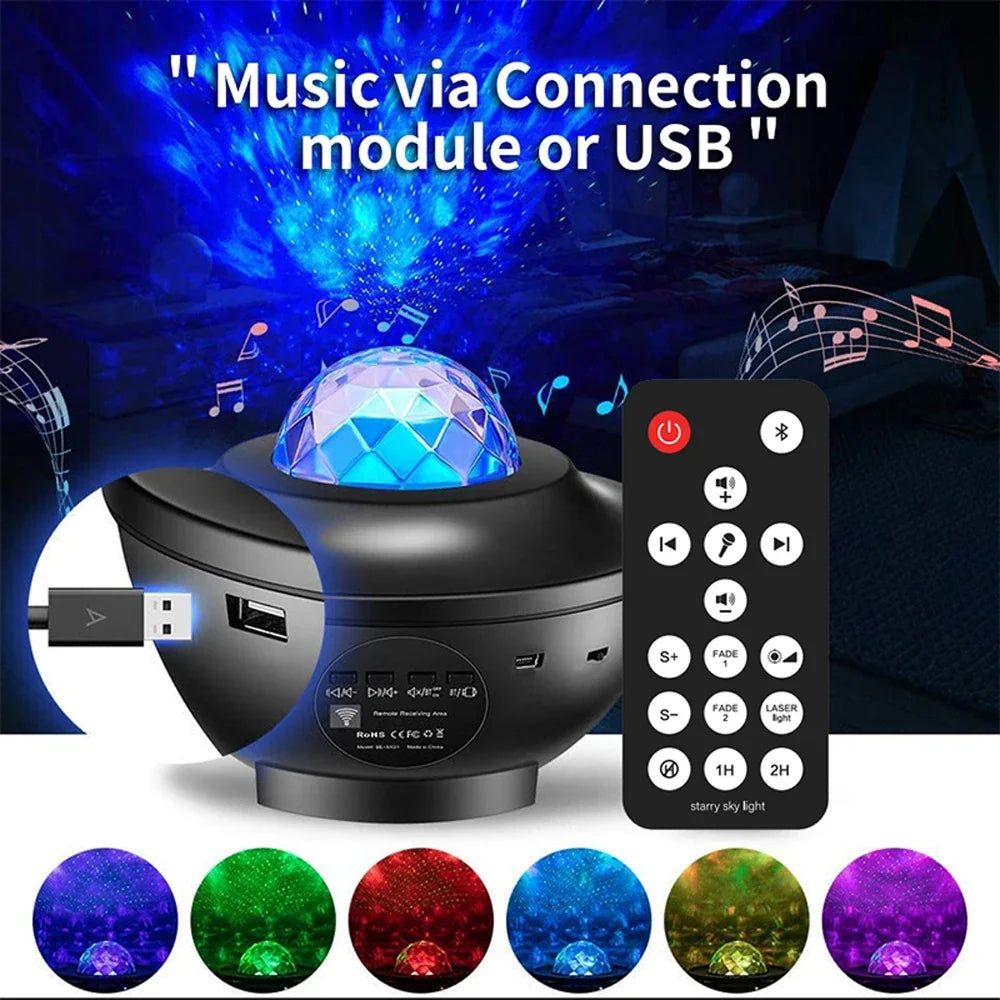LED Starry Sky Projector Night Light Remote Control Switch USB Music Player Ocean Wave Galaxy Ambient Light Kids Birthday Gift