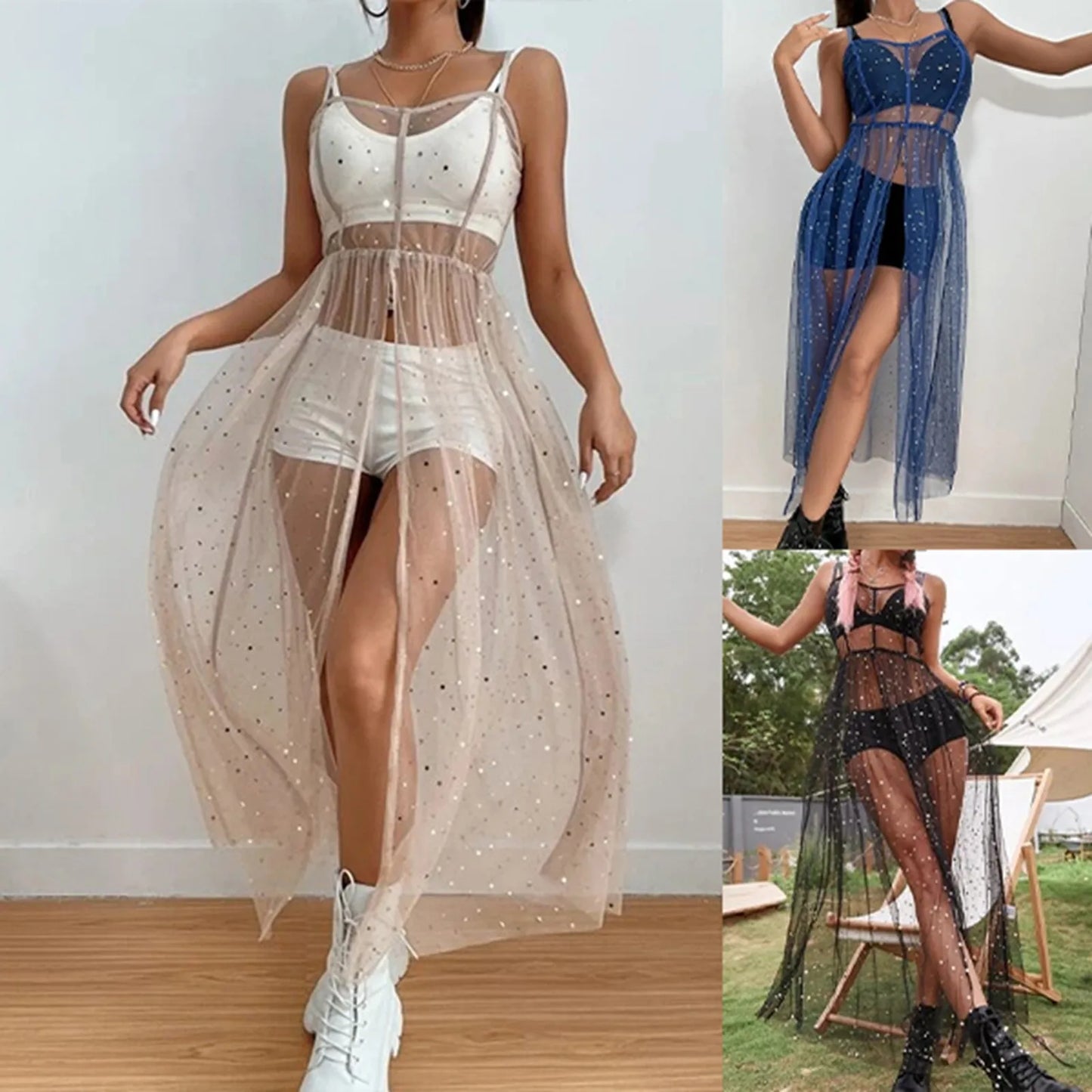 Women'S Mesh Transparent Summer Dress Sleeveless Beach Dresses Bikini Cover Up Lightweight Beach Poncho Holiday Beachwear