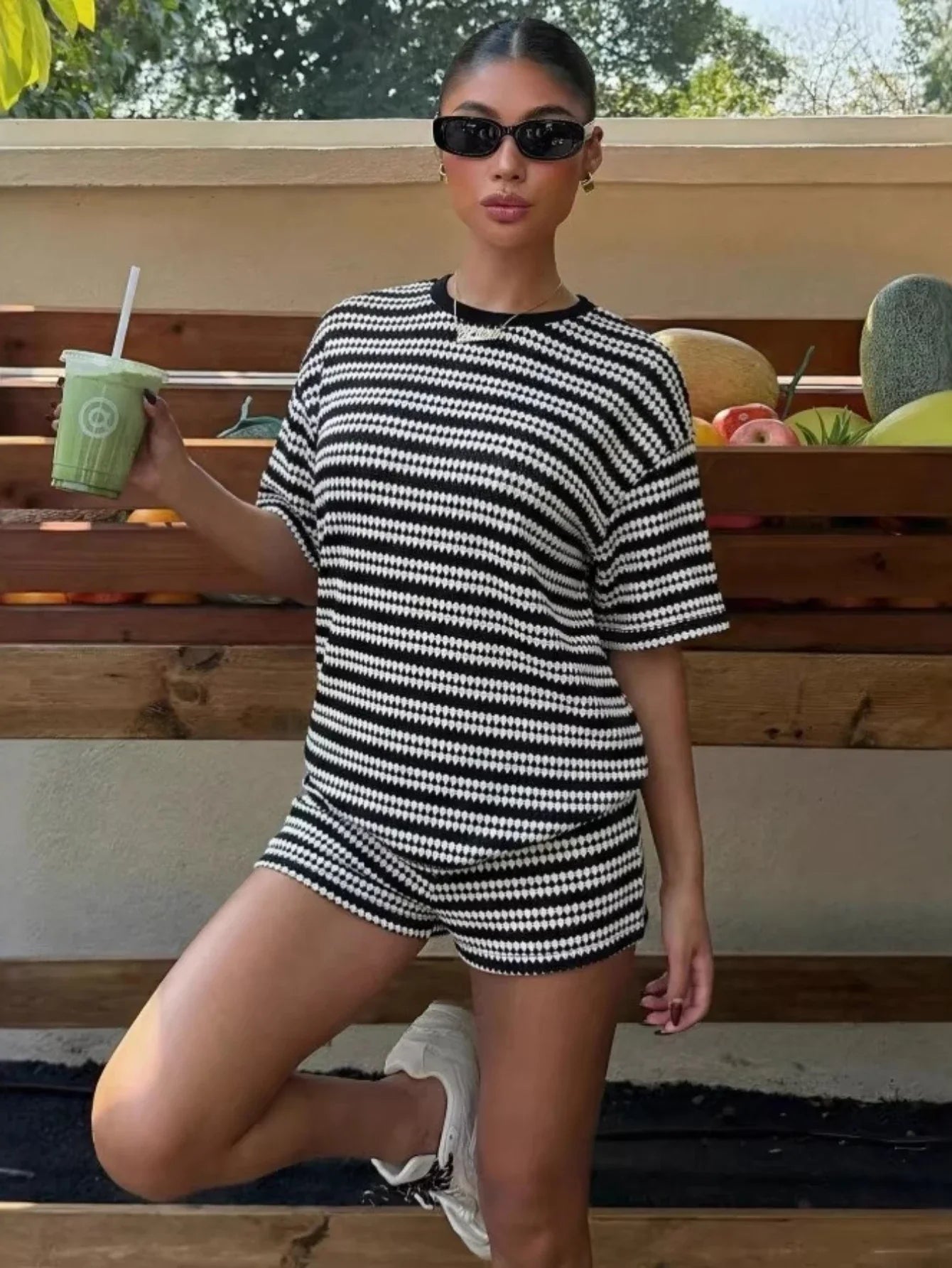 2026 Casual Striped 2 Piece Sets Women Outfit Color Block T Shirts High Waist Short Sets Streetwear Summer Shorts Matching Set