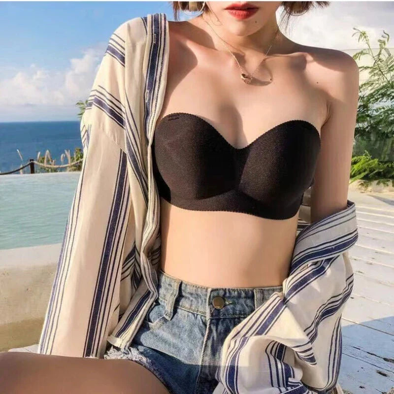 Sexy Backless Invisible Push Up for Women, Seamless Black Strapless Bra.