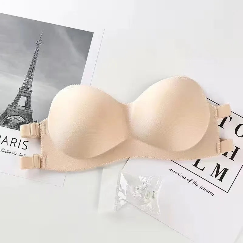 Sexy Backless Invisible Push Up for Women, Seamless Black Strapless Bra.