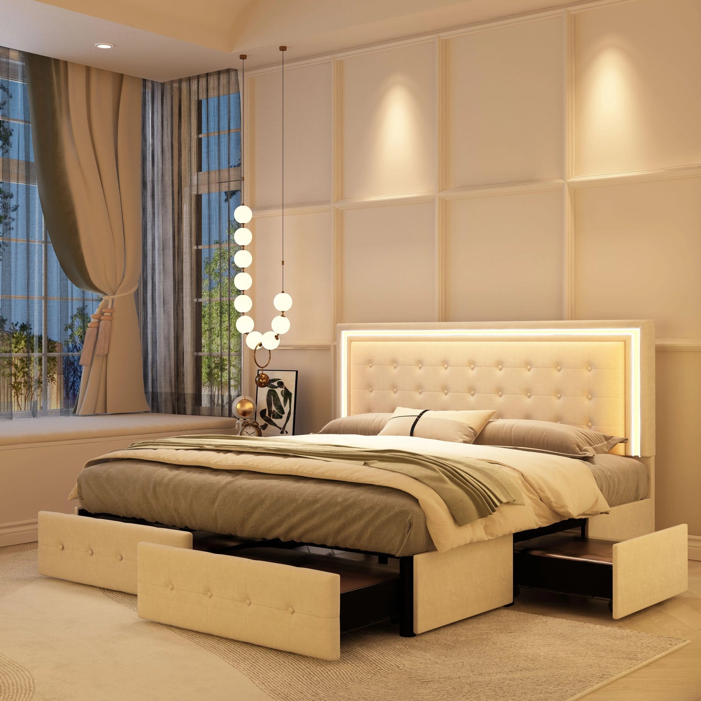 Queen LED Bed Frame 4 Storage Drawers, Headboard, No Box Spring Needed