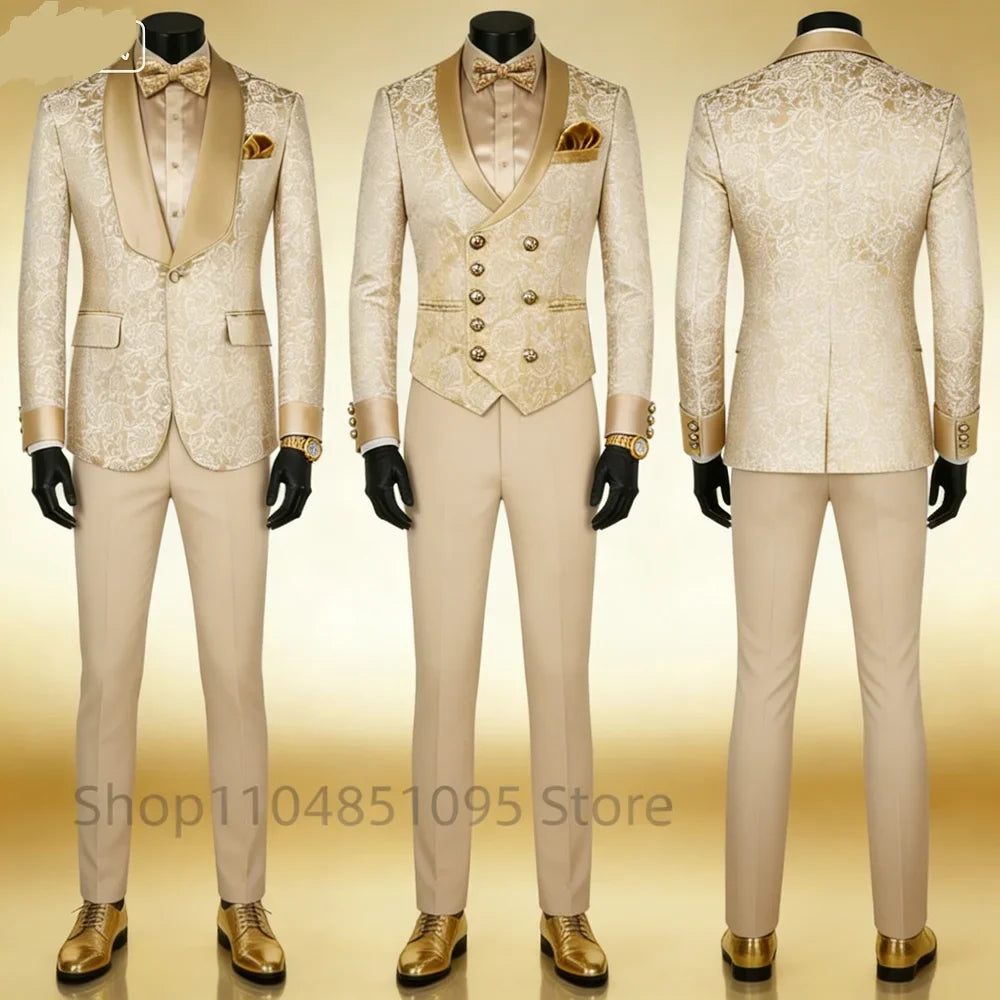 Champagne Jacquard 3-Piece Men's Formal Smoking Suit with Shaw Lapel Blazer Set for Groom Wedding Best Man Tuxedos for Party