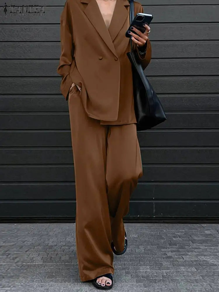 ZANZEA  2024 Fashion Women Loose Pants Sets Long Sleeve Shirts Wide Leg Pants Lady Casual Office Outfits Tracksuit Streetwears