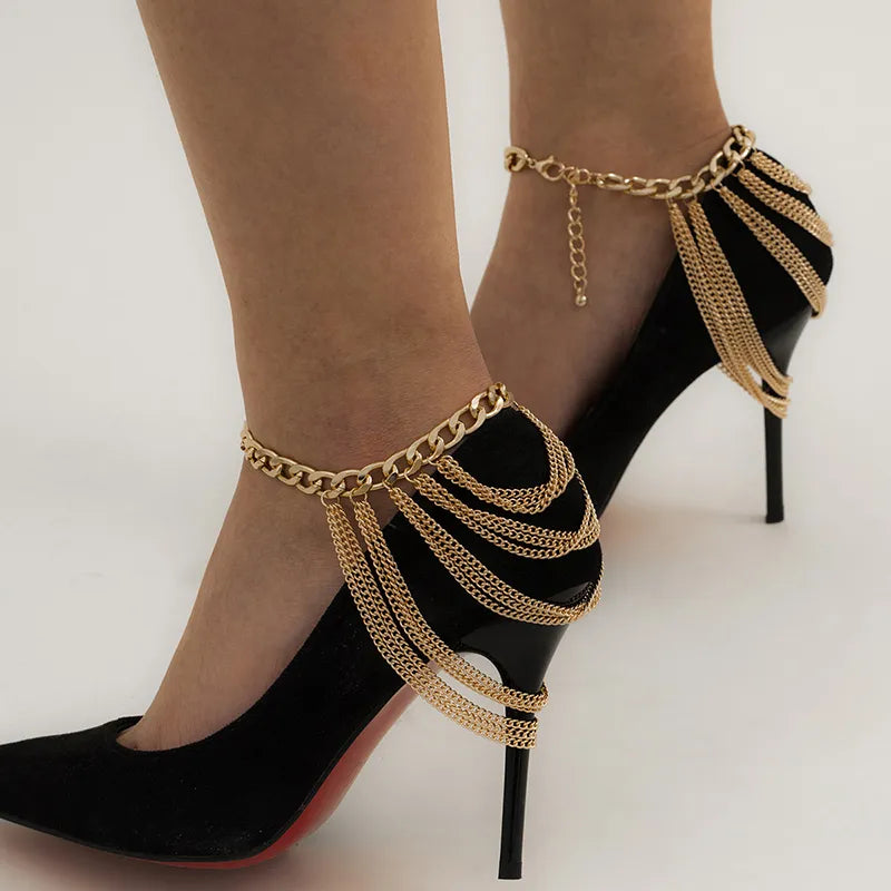 New 1 PC Multilayer Link Chain Tassel Anklets for Women Bracelet on the Leg Decoration on Foot Sandals Beach Accessories