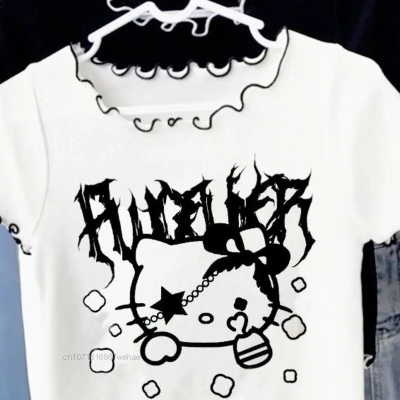 Sanrio Hello Kitty Goth Punk Trend Women Crop Tops Y2k Vintage Fashion Korean Cartoon Tees Black White Loose Girl T-shirt Tops