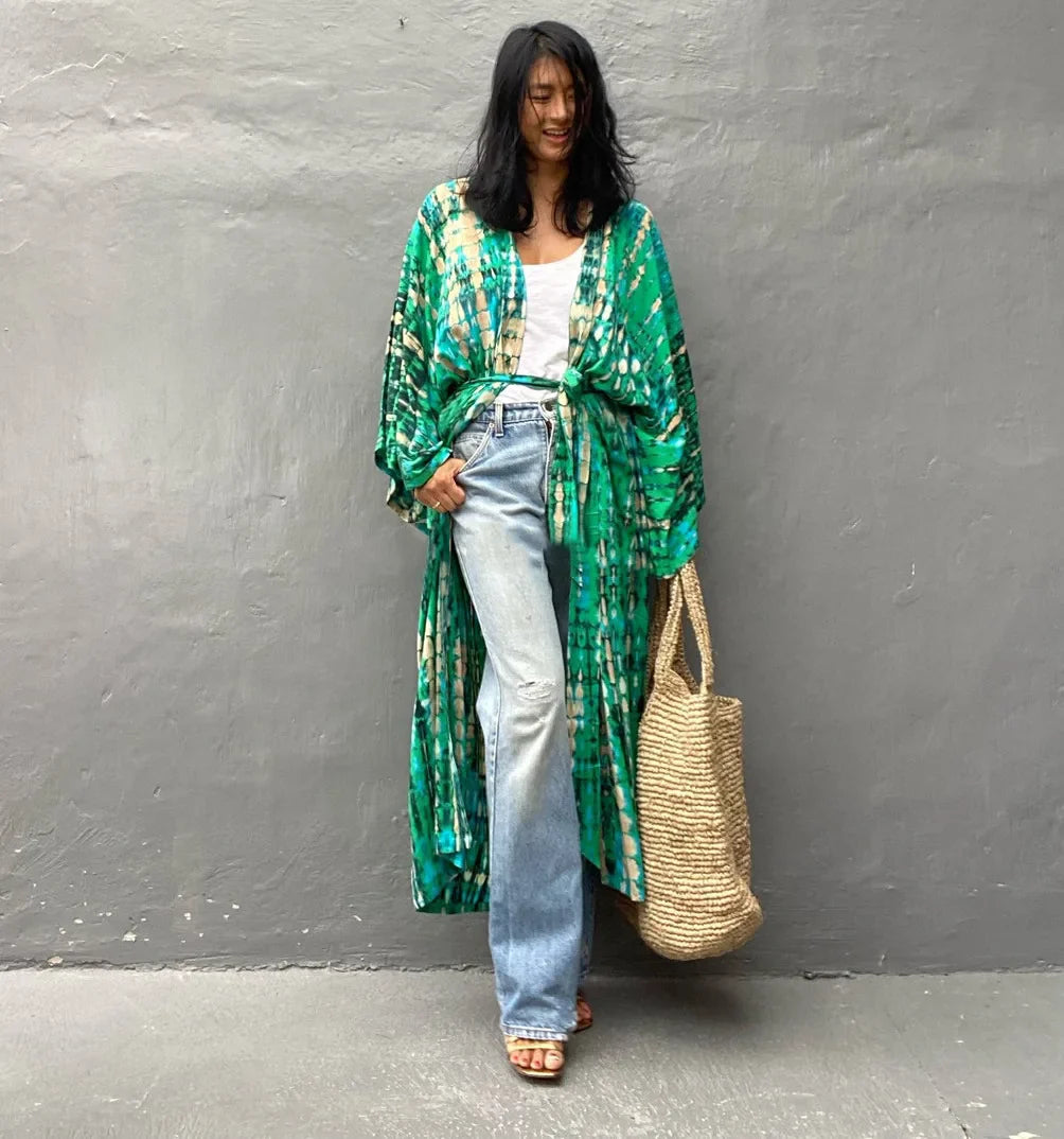 2023 Women's Boho Stripe Tie Dye Swimsuit Cover Up with Belt Tunic Sarong Cardigan Dress Bikini Cover-ups Beach Wear Kimono
