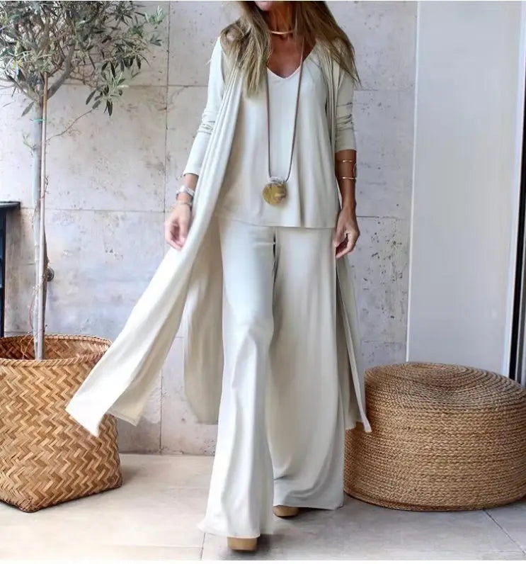 Sexy V Neck T-shirt Pants Jacket Set Office Lady Spring Autumn Solid Blouse Trousers Coat Three Piece Set Women Outfit 2023