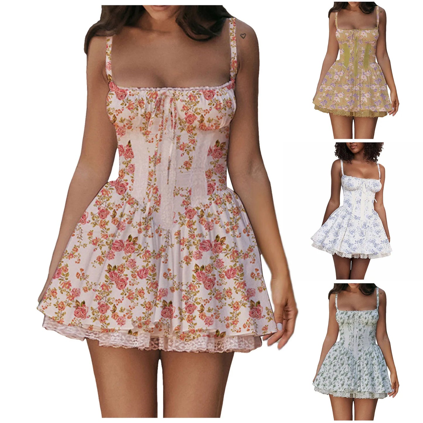 Women Floral Beach Mini Dress For Women Sexy Bow Square Collar Backless Lace Tunic Suspender Skirt Vacation Holiday Short Dress