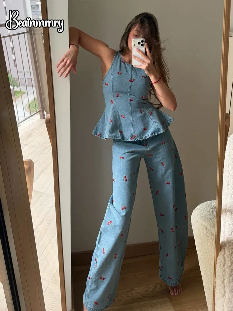 Denim Printed Sleeveless Pants  2-piece Set Women's Elegant Round Neck Fashion Short Shirt Long Pants Suits 2026 Street Outfit