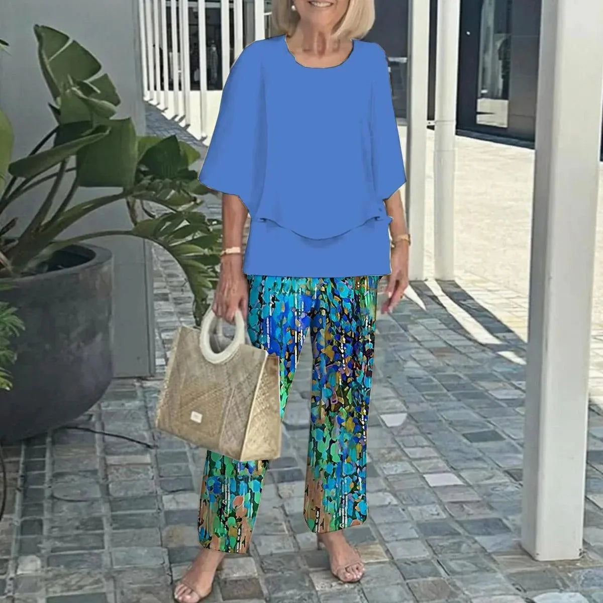 Summer Fashion New 2 piece Sets Women o-neck Sleeve print Pants Suits Casual Loose Irregular Top Wide Leg Pant two piece Set