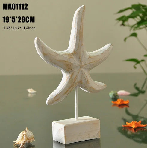 Mediterranean Style Home Decoration Accessories Wooden Crafts Starfish Conch Hippocampus Wood Carving Marine Living Room Decor