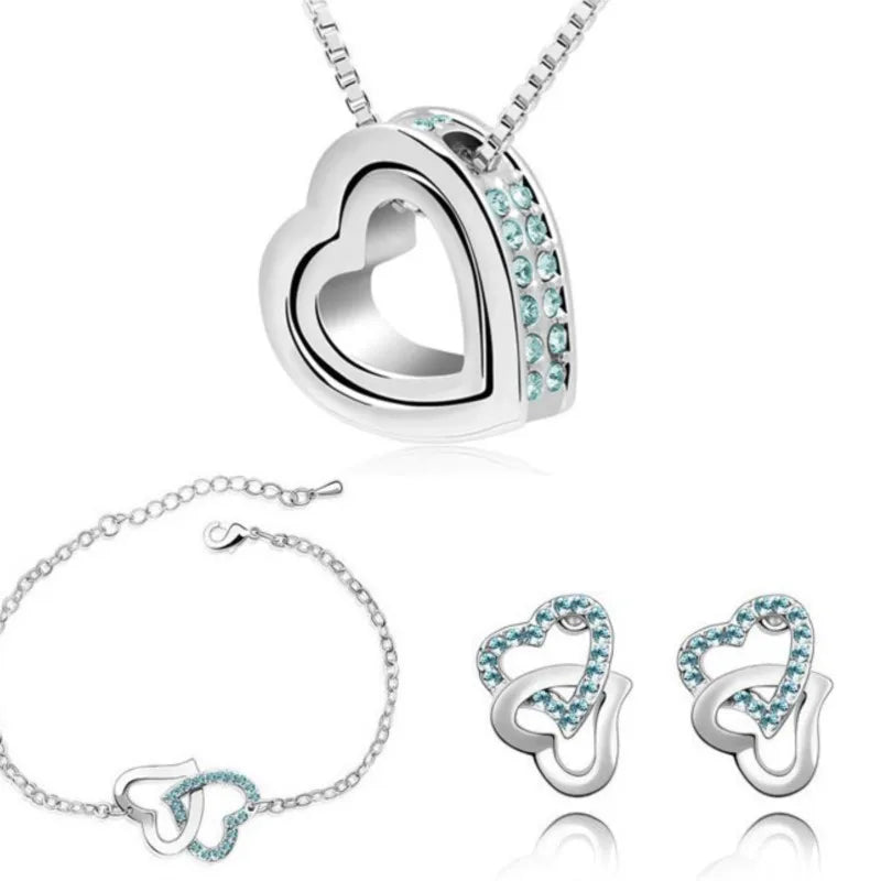 Double Heart pendant necklace earrings bracelets fashion Jewelry sets charm lover quality AAAA+ rhinestones wedding girl summer