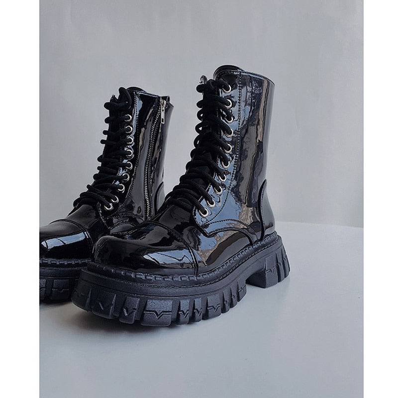 New Women Boots Luxury Zip Brand Design Black Punk Goth Platform Chelsea Fashion Fighting Lace-up Bike Buty Damskie