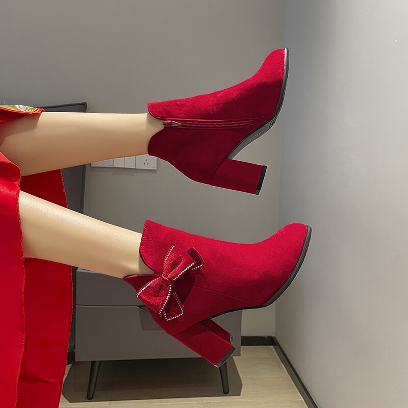 Women's Wedding High Heels Sexy Fashion Bow 2022 Winter New Warm Plush Ankle Boots Zipper Fleece Lined Pointed Toe Botas Mujer