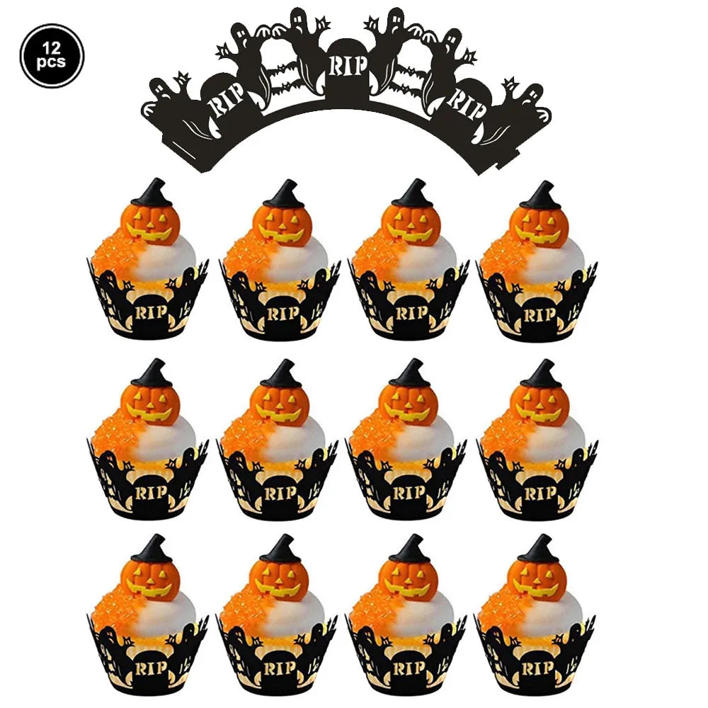 12pcs Halloween Black Bat Cupcake Wrappers Cupcake Liners Ghost Halloween Cupcake Decorations Halloween Themed Party Supplies