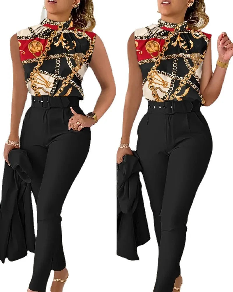 New Fashion Elegant Sleeveless Print High Waist With Belt Shirt And Pant Casual Fashion Two Piece Set