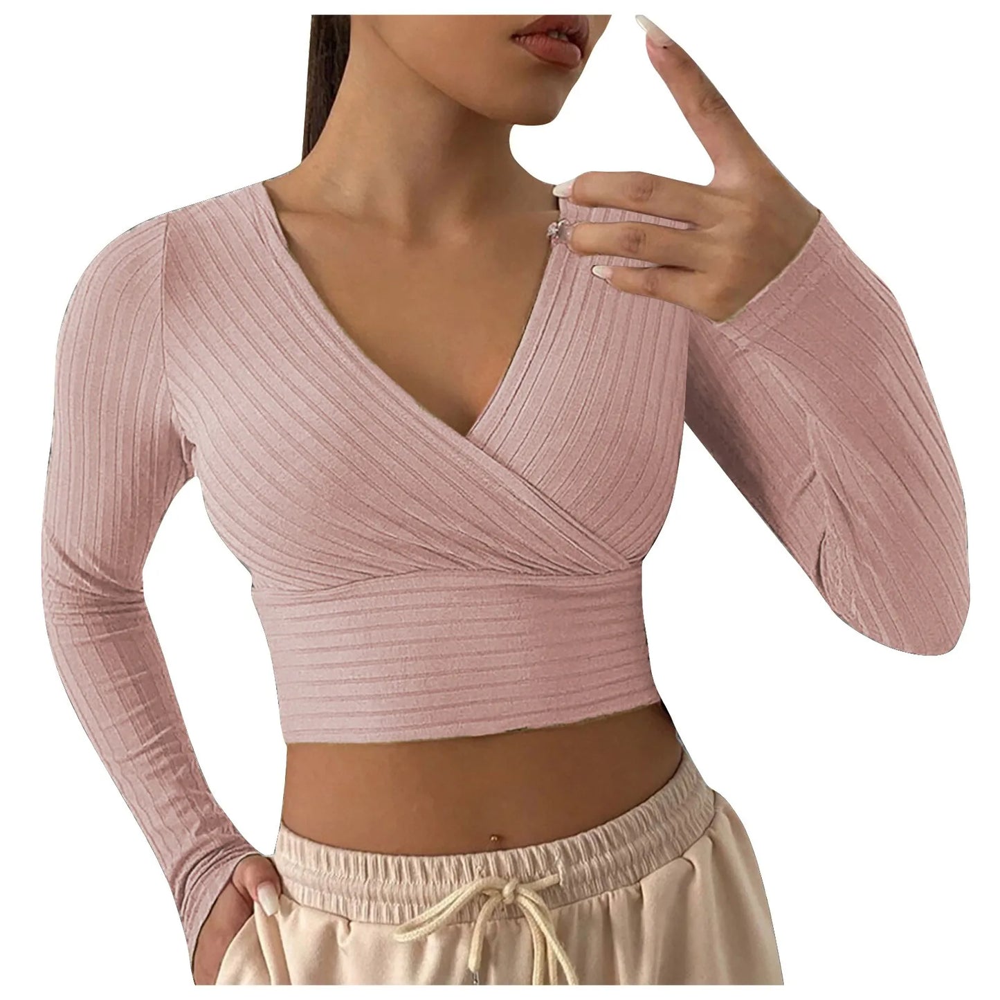 Sexy Cross Wrap V Neck Ribbed Knit T Shirt Women's Crop Tops Sexy Slim Fit Solid Spring Fall Long Sleeve Y2k Clothes Pink Tops