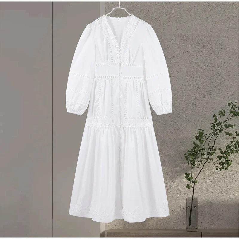 Elegant Lace Hollow Out Women's Long Dress Solid V-neck Patchwork Puff Sleeve Bodycon Dressess Female 2025 Spring New Lady Robes