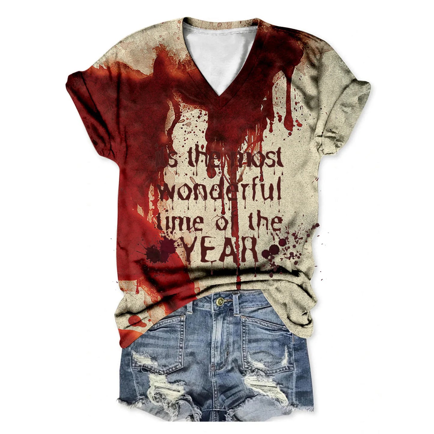 Women'S Casual V Neck Short Sleeved Halloween Bloody Letter Printed T Shirt European And American Women'S Fashionable T Shirts