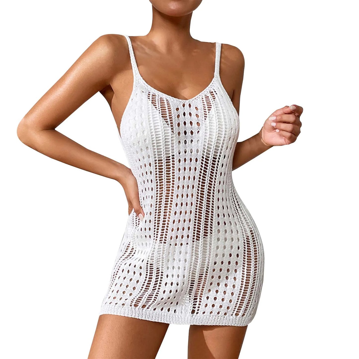 Women'S Sexy Sheer Knit Textured Crochet Overlay Spaghetti Strap Short Dress Beach Cover Women S Swim Cover Ups Halter Cover Up
