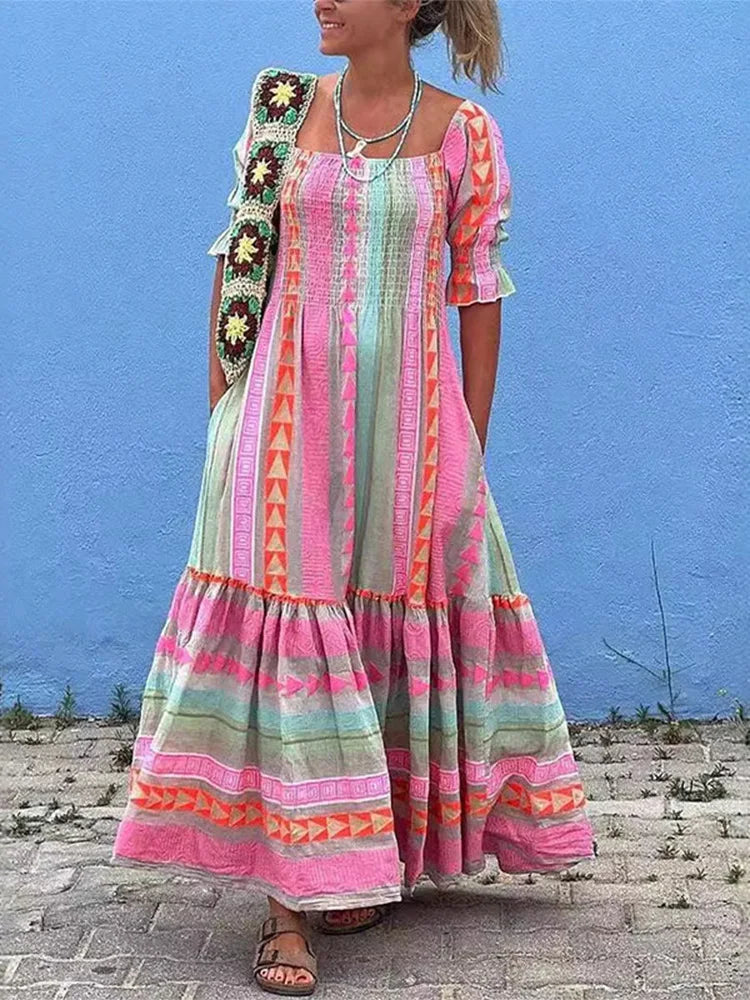 Colorful Rainbow Stripe Print Ruffles Dress Women Sexy Off Shoulder Backless Flods Vestidos Summer Chic Female High Streetwear