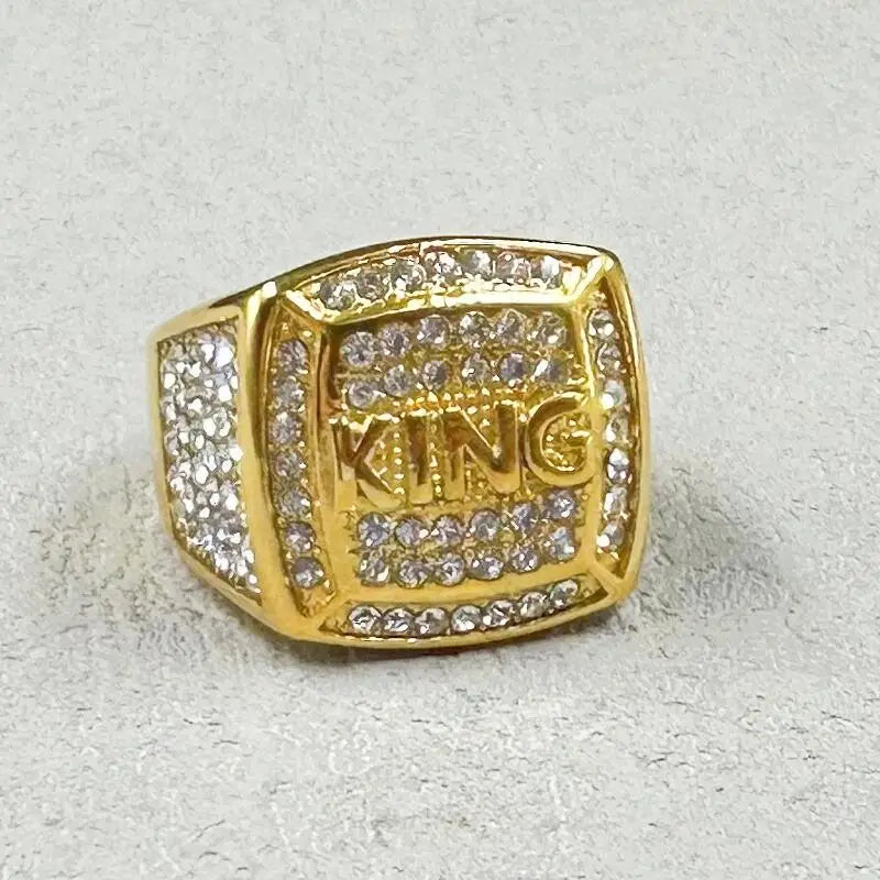 Hip Hop full rhinestone 316L, Stainless Steel Gold color King Rings for Men.