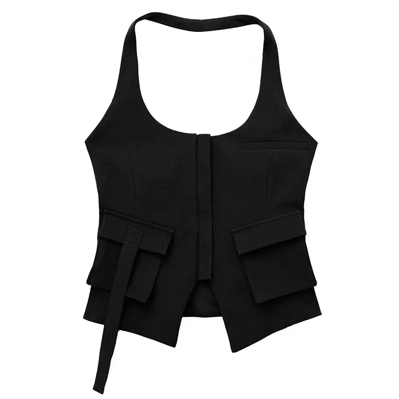 TRAFZA 2023 Summer Camis For Women Fashion Asymmetrical Sheath Short Halter Neck Straps Top Female Wild Hotsweet Women's Tops